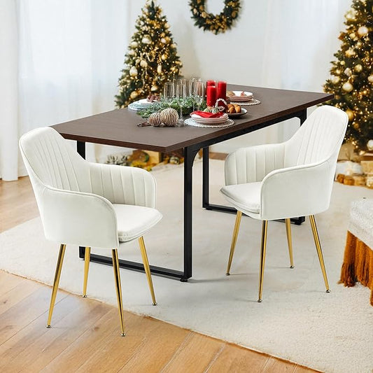 ECOTOUGE Modern Dining Chairs Set of 2, Upholstered Dining Room Chairs with Golden Metal Legs, Matte Velvet Kitchen Chairs for Dining Table, Accent Chairs for Living Room, Beige