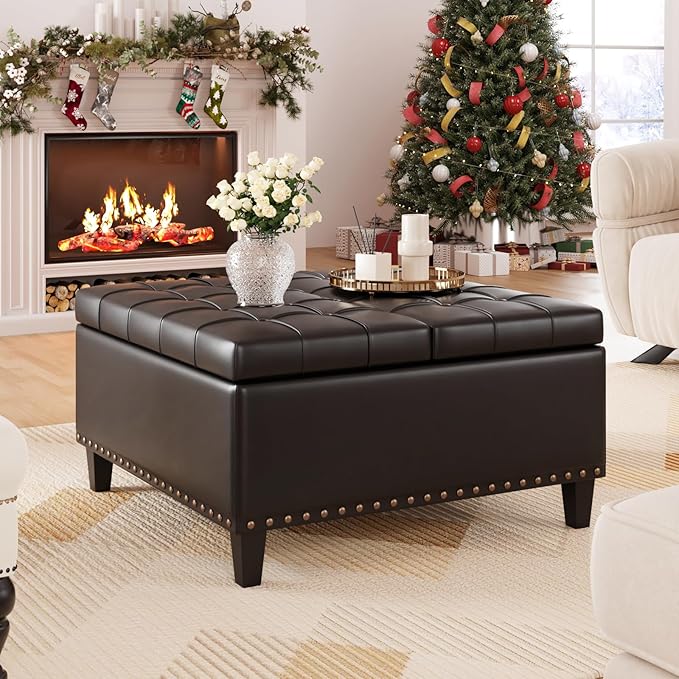 Square Leather Ottoman with Storage, Faux Leather Coffee Table with Lift Top,Large Upholstered Footrest Stool Toy Box Storage Bench for Bedroom Living Room, Black