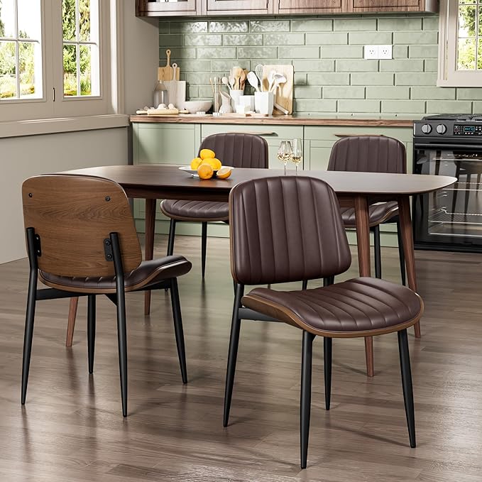 Dining Chairs Set of 2, Mid-Century Modern Upholstered PU Leather Chairs with Walnut Bentwood Back and Metal Legs Adjustable Feet for Kitchen Dining Living Room, Dark Brown Vertical Stripes