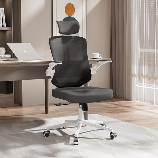 Office Chair,Ergonomic Comfy Home Desk Chair with 350LBS Capacity,High Back Gaming Chair with Wheels,Mesh Computer Chair,Lumbar Support, Adjustable Headrest,Flip-up Armrest (B-Black + White)
