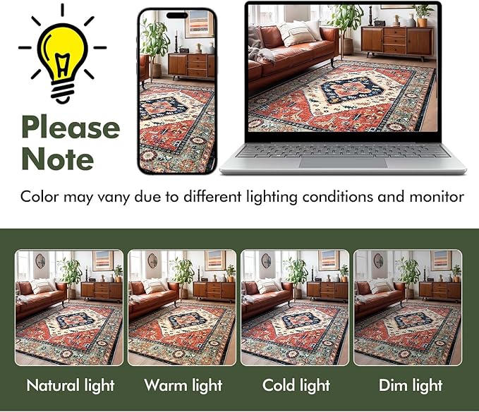 Washable Living Room Area Rugs - 9x12 Large Soft Machine Washable Non-Slip Low Pile Area Rugs, Vintage Oriental Neutral Carpet for Bedroom Dining Room Dorm Office Decor Red/Beige