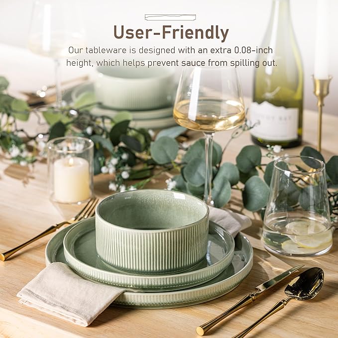 GBHOME Stoneware Dinnerware Sets for 6,Round Reactive Glaze Ceramic Plates and Bowls Set,Highly Scratch Resistant | Dishwasher & Microwave Safe Dishes Set,Service for 6(18Pcs)，Light Green