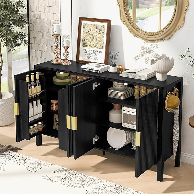57.5'' Modern Console Table Sofa Table with Storage Racks & Side Hooks, Accent Stripe 4-Door Buffet Sideboard Serving Storage Cabinet with Adjustable Shelves for Living Room Kitchen (Black-NEW)