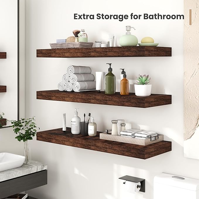 Heimlove 12 Inch Deep Floating Shelves, 48 x 12 inches Long Wall Shelf, Large Display Shelf & Storage Shelf, Rustic Wood Wall Shelves for Fireplace Mantel, Set of 2(Rustic Brown)