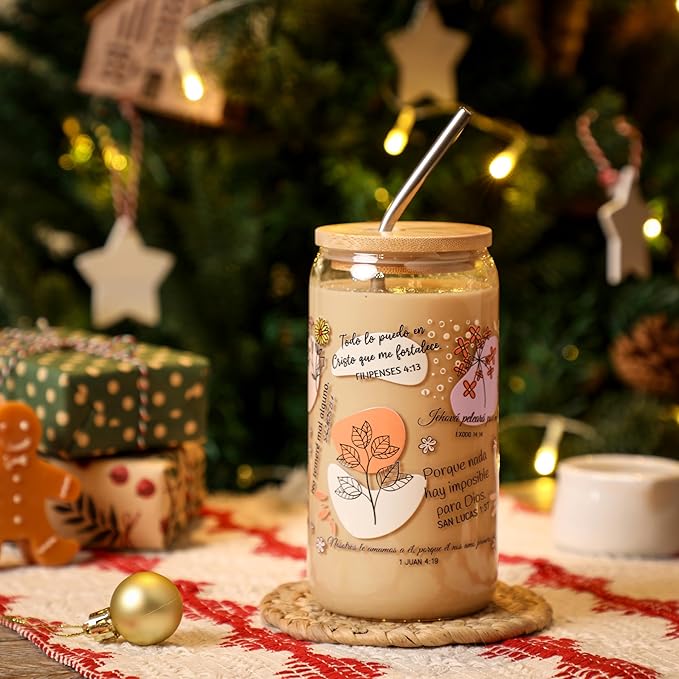 Spanish Bible Verse Coffee Mugs - Christian Gifts for Women, 16oz Religious Glass Tumbler with Lid & Straw, Inspirational Spanish Scriptures, Birthday & Christmas Gift for Mom Wife Friends