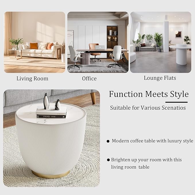 Round Coffee Table Set with Sintered Stone Tabletop, 27.56" White Drum Center Table and 19.69" White Coffee Table Set, 2 Pieces Living Room Table Set with Fluted PU Leather Cover& Metal Base