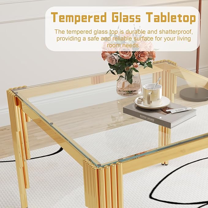 3 Piece Glass Dining Table Set, 35" Square Glass Kitchen Table with 2 White Velvet Upholstered Chairs, Gold Dining Table for 2 with Chairs Set for Kitchen, Living Room