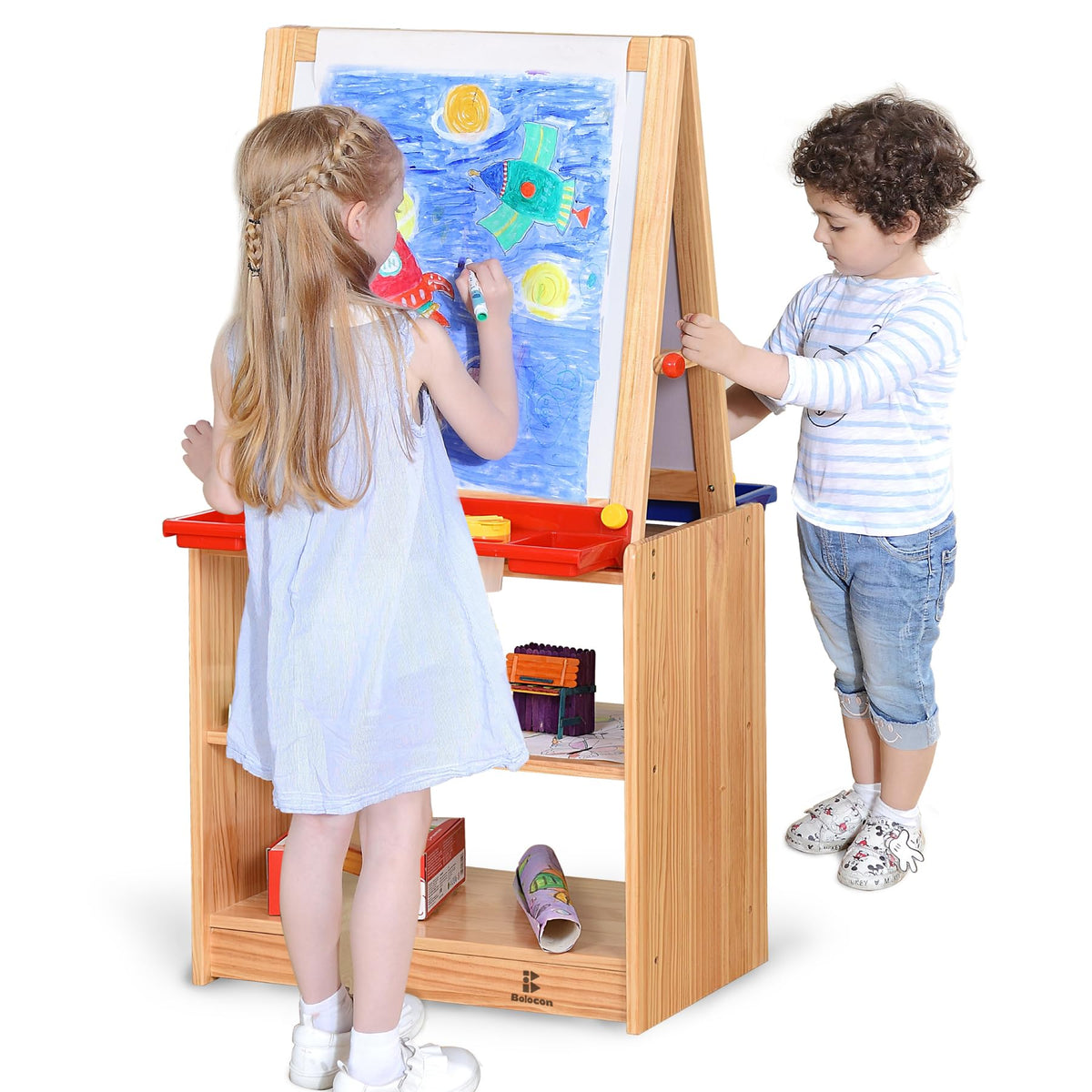 Bolocon Wooden Kids Double-Sided Magnetic Art Easel w/ 2-Tier Storage Shelf