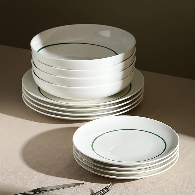 Stone Lain Luna 12-Piece Porcelain Dinnerware Set, Plates and Bowls Set, Dish Set for 4, Green
