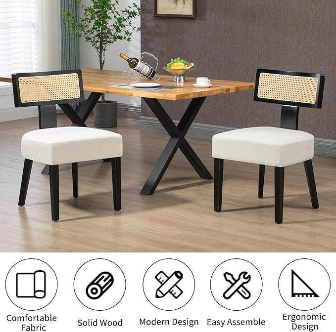 Upholstered Rattan Dining Chairs Set of 6, Mid-Century Modern Fabric Dining Room Chairs with Black Hardwood Frame, Curved Backrest Kitchen Armless Accent Chairs for Living Room (Cream)