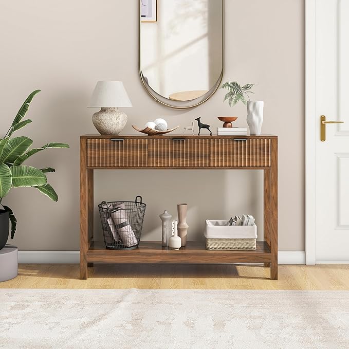 Fluted Console Table, Wooden Sofa Table with Storage and Drawers, Farmhouse Behind Couch Table Entryway Table for Entrance, Hallway, Living Room, Brown
