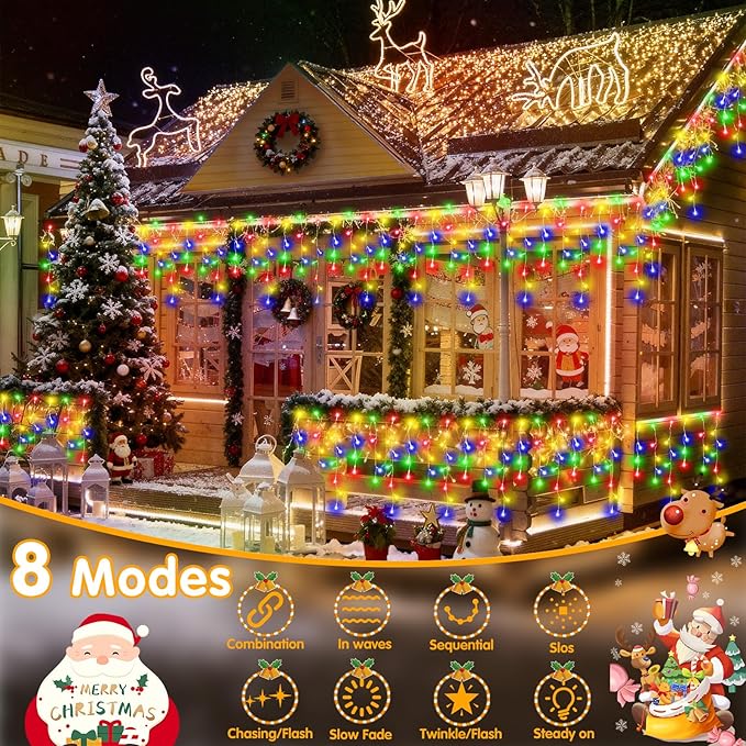 Hezbjiti Christmas Decorations Lights Outdoor, 400 LED 32.8 FT 8 Modes 75 Drops Fairy String Curtain Lights for Christmas Decor Eaves Window Party Yard Garden Indoor (Multicolor, 400LED 33FT)