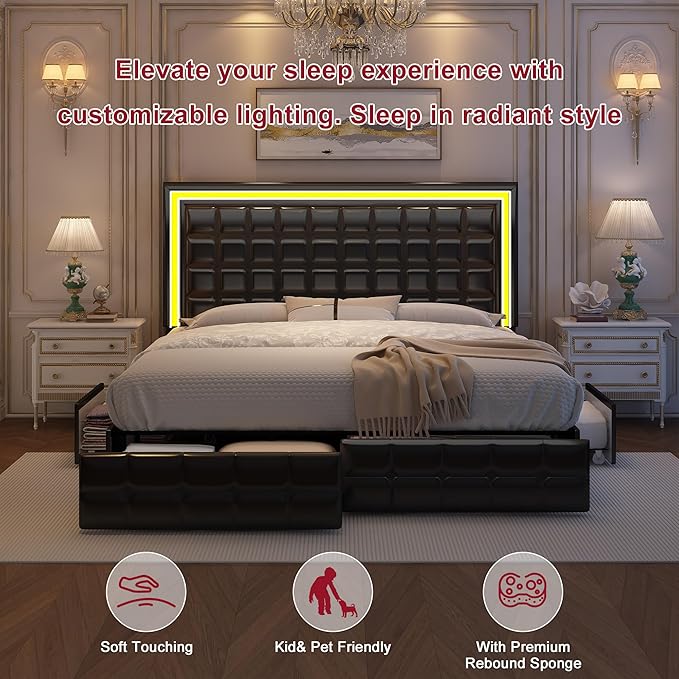 Full Led Bed Frame with 4 Storage Drawers, No Box Spring Needed, Supports 900 lbs, Easy Assembly, Quiet and Sturdy Design, PU Black