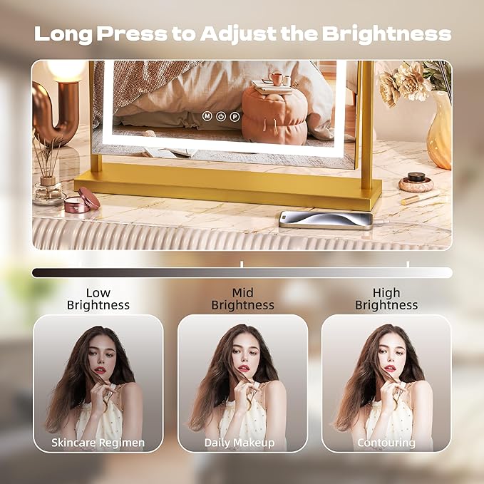 Hasipu Vanity Mirror with Lights, 17" x 22" LED Makeup Mirror, Light up Mirror with Smart Touch 3 Color Modes and Brightness Adjustment, 10X Magnifying Glass,360° Rotation (Gold)