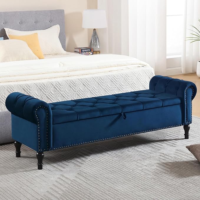 Velvet Storage Bench 67 Inch Upholstered Tufted Ottoman Bench with Arms Large Storage Space King Size End of Bed Bench for Bedroom Living Room Entryway Navy Blue