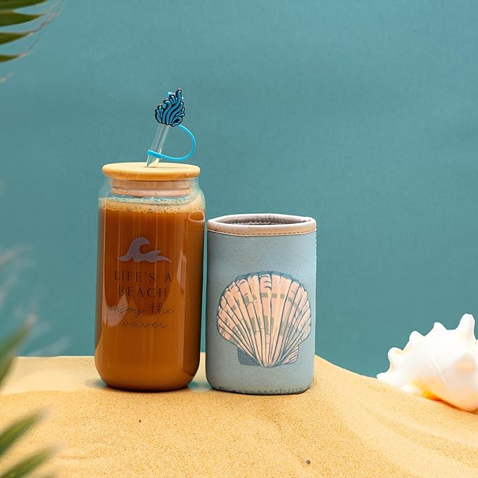 Ocean Gifts for Women - Glass Tumbler with Lid and Straw, Customized Straw Stopper and Cup Sleeve, Aesthetic Unique Design Iced Coffee Gift Cup for Mom, Teacher, Friend