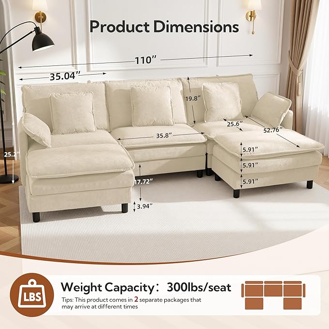 Claiks 110" Modular Sectional Sofa, Cloud Couch with Ottoman, U-Shaped 5-Seater Sofa in Chenille Fabric, Deep Seat Comfy Couch with Pillows for Living Room & Offices, Beige