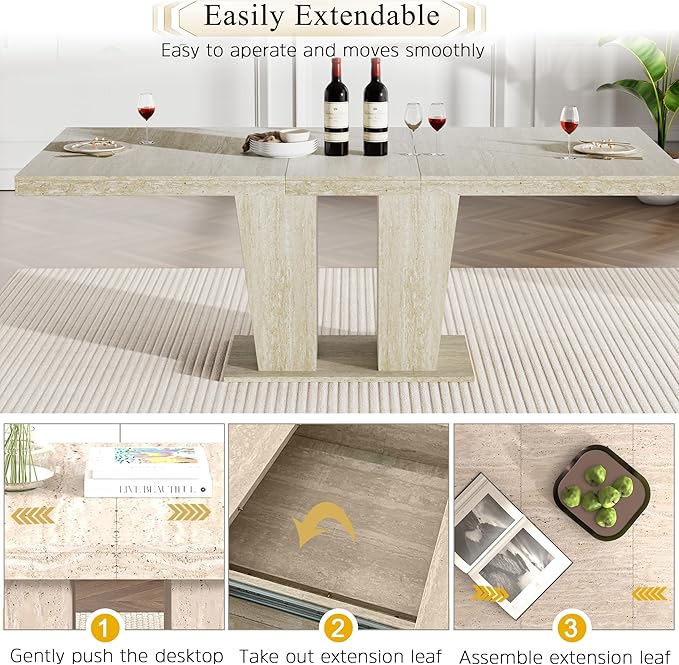 Goujxcy 9-Piece Extendable Dining Table Set for 8, 63-78 Inch Faux Travetine Kitchen Table Set with 8 Grey Upholstered Chairs Modern Wood Expandable Dining Room Table Set for Kitchen Apartment