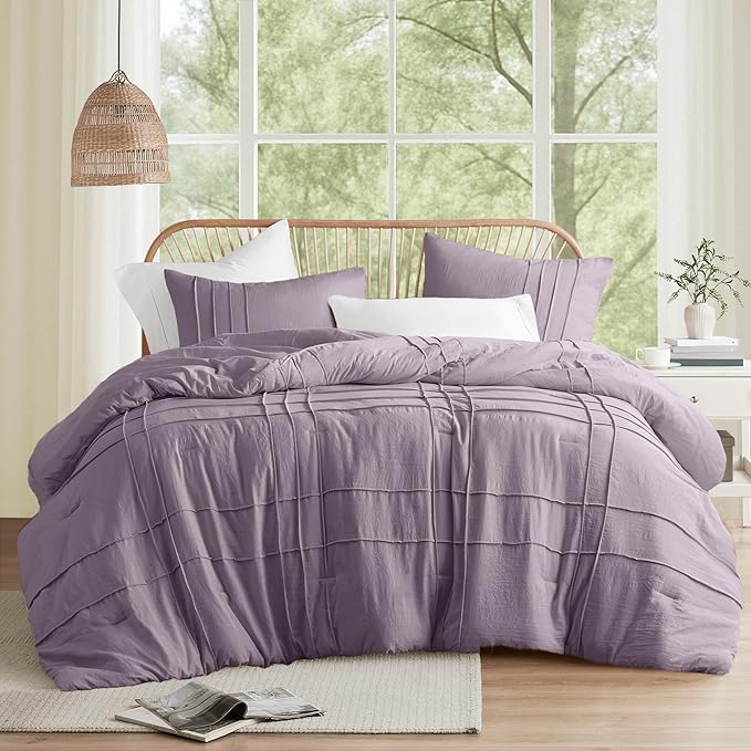 Comfort Spaces Purple Twin Size Comforter Set - 2 Pieces Pintuck Pleated Bedding Sets, All Season Lightweight, Extra Softness Pre-Washed Microfiber Bed Set, Shams