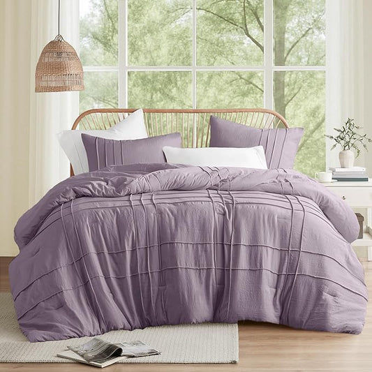 Comfort Spaces Purple Twin Size Comforter Set - 2 Pieces Pintuck Pleated Bedding Sets, All Season Lightweight, Extra Softness Pre-Washed Microfiber Bed Set, Shams