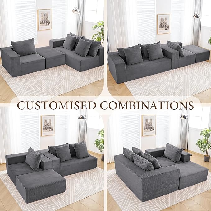 INGEROOM 108" Cloud Sectional Couch with L-Shape Chaise, Modular Sofa Memory Foam, 3 Module Boneless Sofa with Movable Ottoman, Upholstered Couches for Living Room, No Assembly Required, Dark Gray