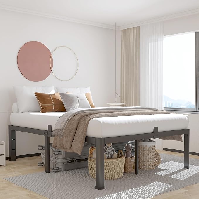 ROIL 16 Inch California King Bed Frame with Rounded Corner and Headboard Hole Mattress Retainers 3500LBS Metal Heavy Duty Steel Slats No Box Spring Needed Platform Noise-Free Easy Assembly