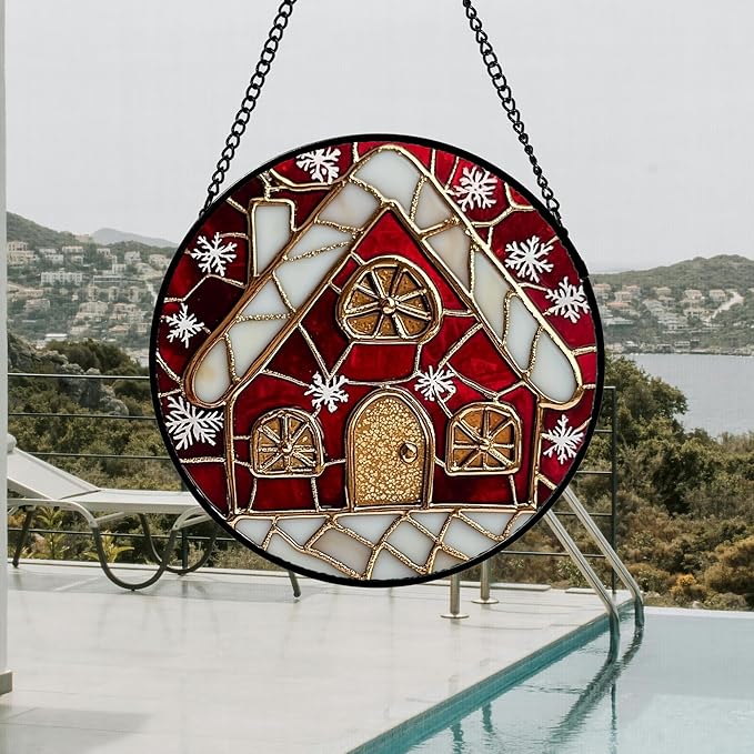 Stained Glass Window Hanging 4 Pcs Set Red Christmas Themed Decorations 7.8" - Suncatcher Door Garden Sun Catcher Decor Birthday New Year for Mom Woman Nana Men