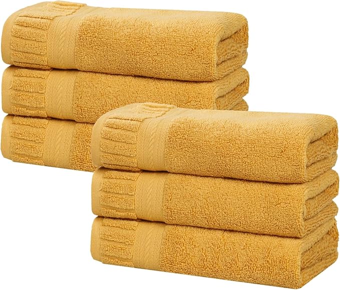 Superior Venice Zero Twist Cotton Medium Weight Towels, for Kitchen, Bathroom, Shower, Spa, Plush Towels, Bath Essentials, Ribbed Textured Border, Absorbent Hand Towels, Set of 6, Gold