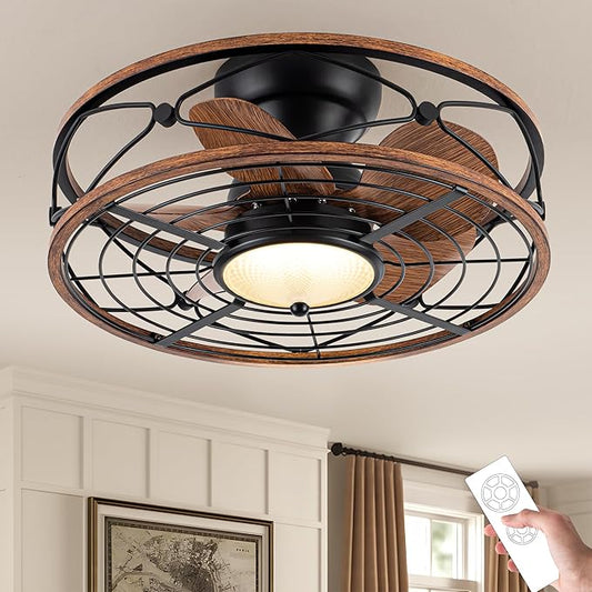 TIFEROR 20'' Low Profile Ceiling Fans With Light, Flush Mount Caged Ceiling Fan With Remote Control, Reversible Motor With Low Noise And Energy Efficient, 3 Color LED