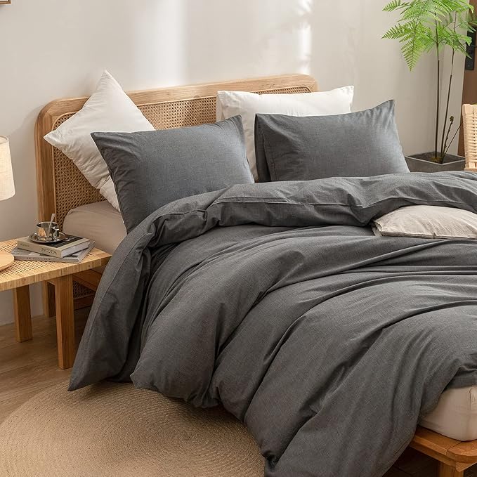 BESTOUCH Duvet Cover Set 100% Washed Cotton Linen Feel Super Soft Comfortable Chic Lightweight 3 PCs Home Bedding Set Solid Dark Grey Super King