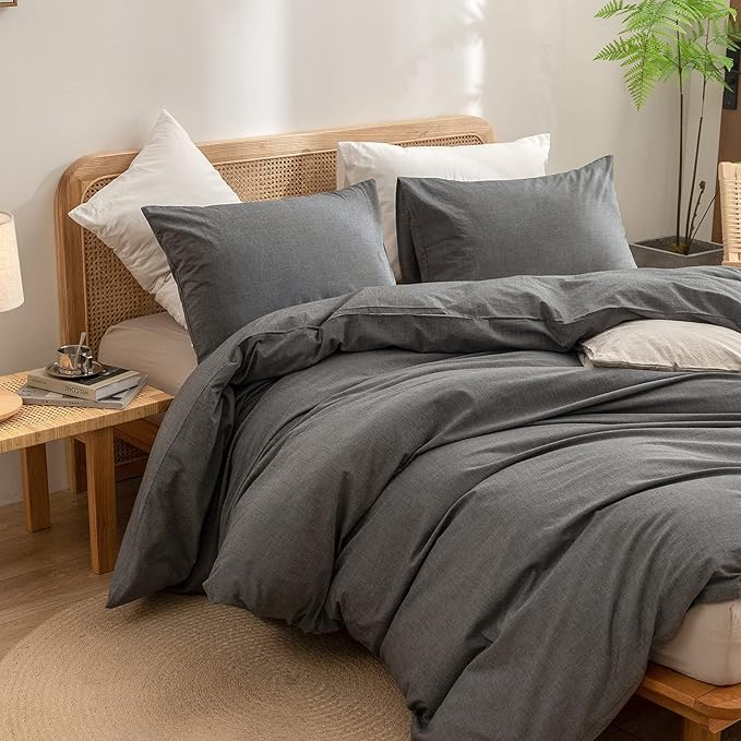 BESTOUCH Duvet Cover Set 100% Washed Cotton Linen Feel Super Soft Comfortable Chic Lightweight 3 PCs Home Bedding Set Solid Dark Grey Queen