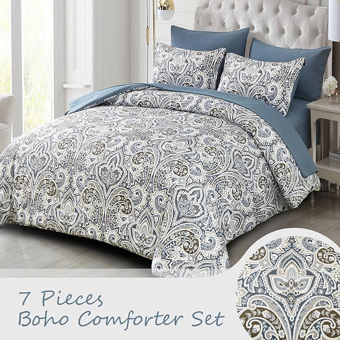 Drucon Blue Paisley Comforter Set King,7 Pieces Bed in a Bag Comforter Boho Paisley Pattern Bedding Set Soft Microfiber(1 Comforter,1 Flat Sheet, 1 Fitted Sheet,2 Pillowcases, 2 Pillow Shams)