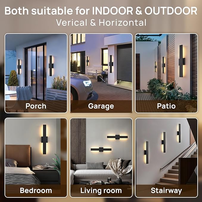 Upgraded 2-Pack 23.6in Black Long Modern LED Outdoor Wall Lights 3000K 4000K 5000K Dimmable Exterior Wall Sconce Outside Light fixtures for House Garage Front Door