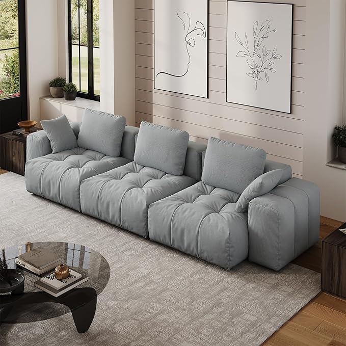 Cloud Sectional Couches, Comfort Linen Oversize Modular Sofas with Wide Deep Seat, Down Filled Modern Upholstered Sofa Couch for Living Room, Apartment,Grey