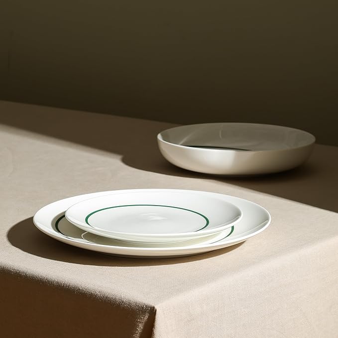 Stone Lain Luna 12-Piece Porcelain Dinnerware Set, Plates and Bowls Set, Dish Set for 4, Green