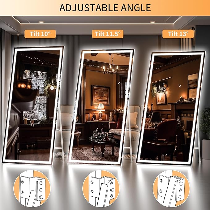 Hasipu Full Length Mirror with Lights, 71" x 32" LED Lighted Floor Standing, Full Body Dressing Hanging Mounted Mirror, Dimmable, Tempered Glass, Safe to Use, Square White