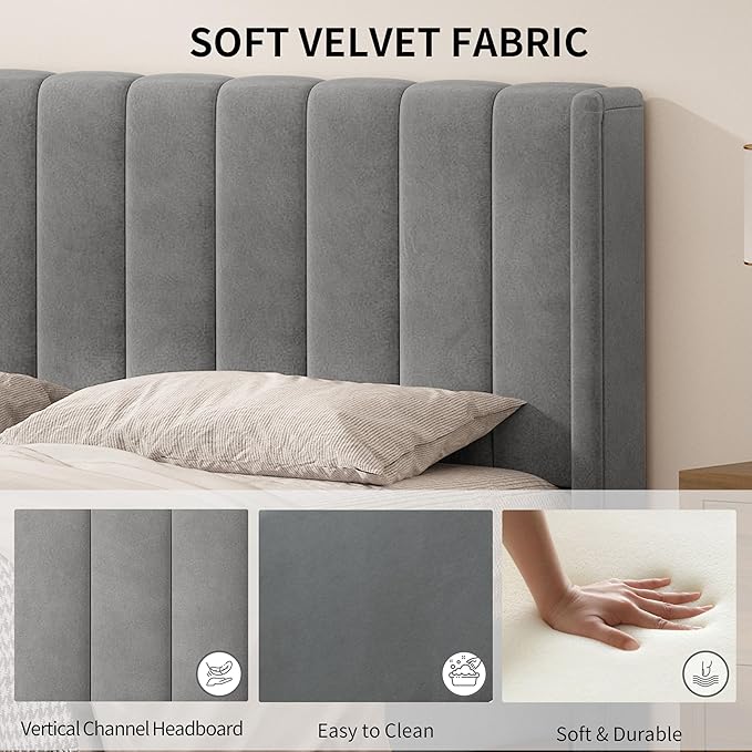 Full Size Upholstered Platform Bed Frame with Modern Wingback & Vertical Panel Headboard, Velvet Fabric, Wooden Legs & Slats Support, No Box Spring Needed, Noise-Free & Easy Assembly, Grey