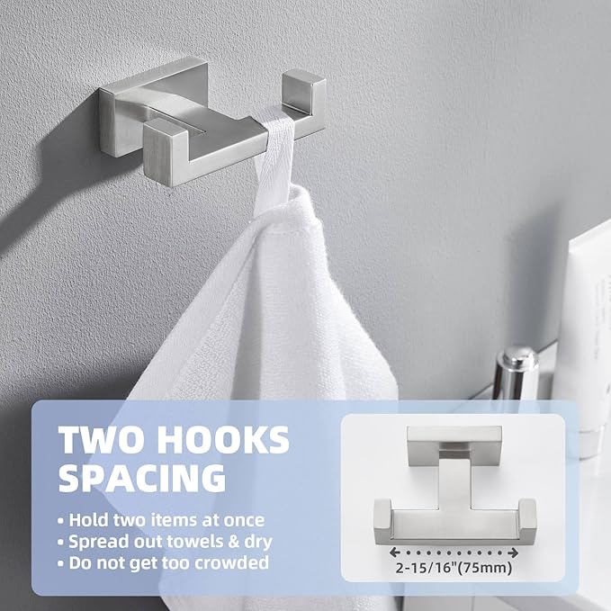 Suyar Double Towel Hook Brushed Nickel, SUS 304 Stainless Steel Bathroom Towel Holder, Coat Robe Wall Hook