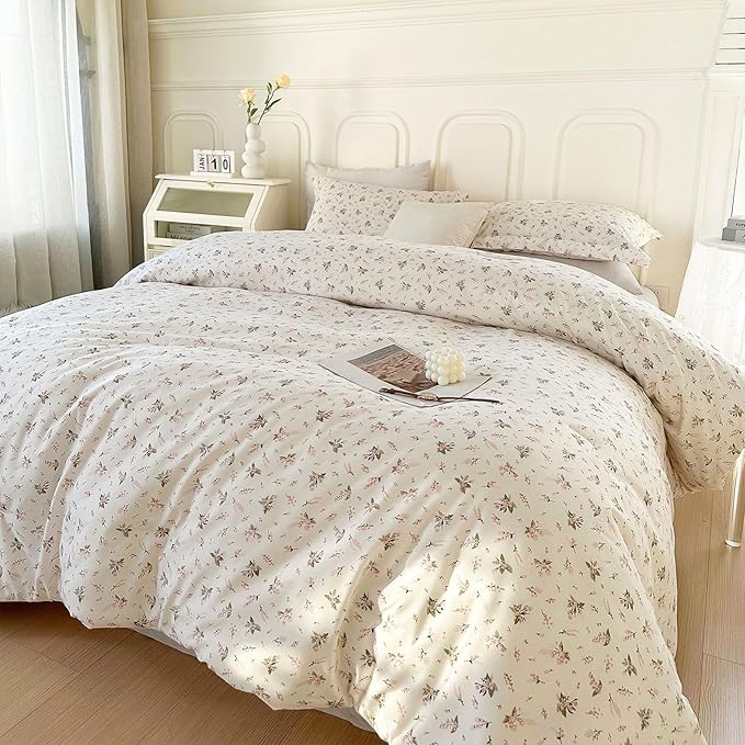 EAVD Reversible Pink Floral Comforter Set King White Soft Washed Microfiber Bedding Comforter Set with 2 Pillowcases Chic Vintage Garden Floral Botanical Comforter Set