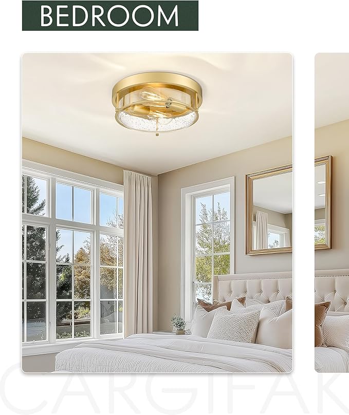 12" Flush Mount Ceiling Light, Farmhouse Style, Bubble Glass,Brass Gold, for Living Room, Bedroom, Dining – CKCL4822-2W-SGBB