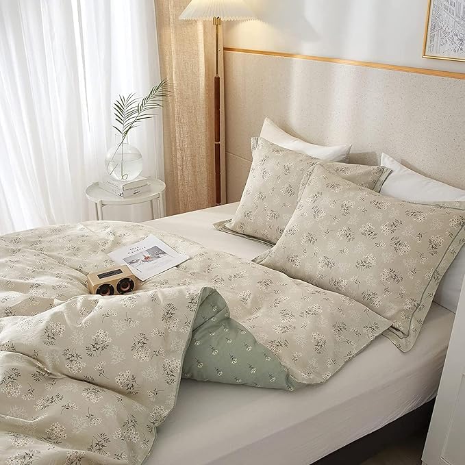 LifeTB Boho Floral Duvet Cover Full Cotton Aesthetic Floral Bedding Sets Full Vintage Garden Floral Comforter Cover Beige Sage Green Floral Botanical Duvet Cover with Zipper Closure 4 Ties