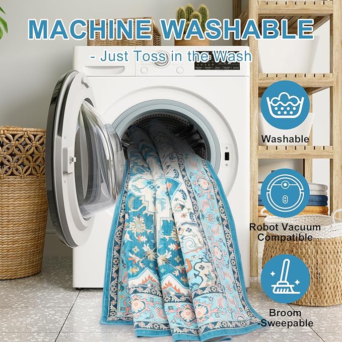 WILLSUN Washable Area Rugs, 8x10 Non-Slip Boho Large Area Rugs for Living Room, Bedroom, Machine Washable Vintage Rug, Indoor Floral Print Carpet for Home Decor, Kid & Pet Friendly Mat