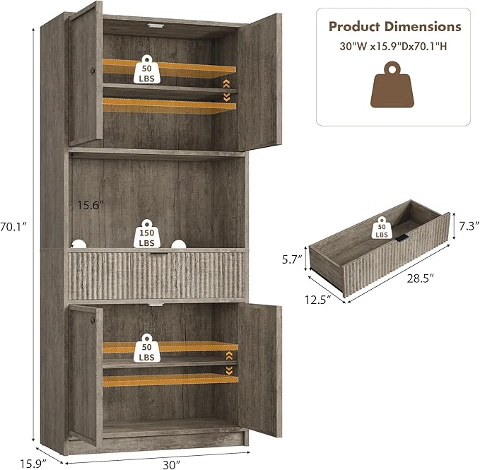 Garvee Tall Kitchen Pantry Cabinet, 70" Pantry Storage Cabinet with Countertop, Fluted Kitchen Hutch Cabinets with Doors and Drawer, Freestanding Cupboard for Dining Room, Living Room, Gray