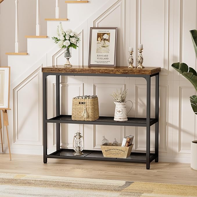 32" Small Console Table with Storage, Narrow Entryway Table, Sofa Table for Living Room, Sturdy 3-Tier Console Tables for Living Room, Hallway, Foyer & Bedroom, Rustic Brown