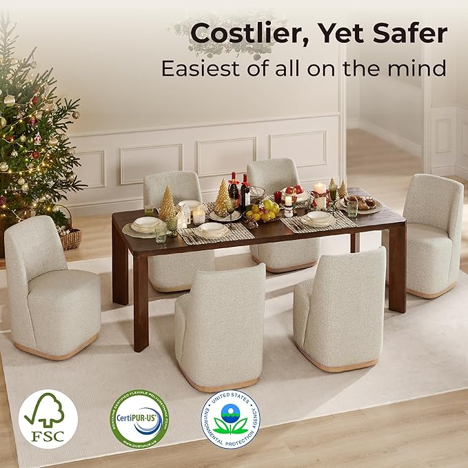 CHITA Upholstered Rolling Dining Chair on Casters Set of 4, FSC Certified Modern Fabric Dining Chair with Casters, Boucle Dining Chairs for Reading Room Waiting Room Kitchen Dining Room, Oatmeal