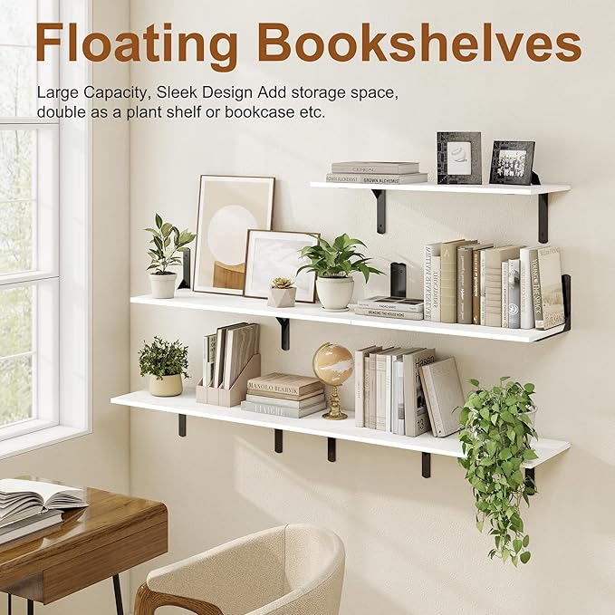 16" W x 12" D White Floating Shelves for Wall, 12 Inch Deep Floating Shelf with Visible Bracket, Rustic Wood Bookshelf Wall Mounted, Deep Bathroom Shelves for Storage, Set of 2
