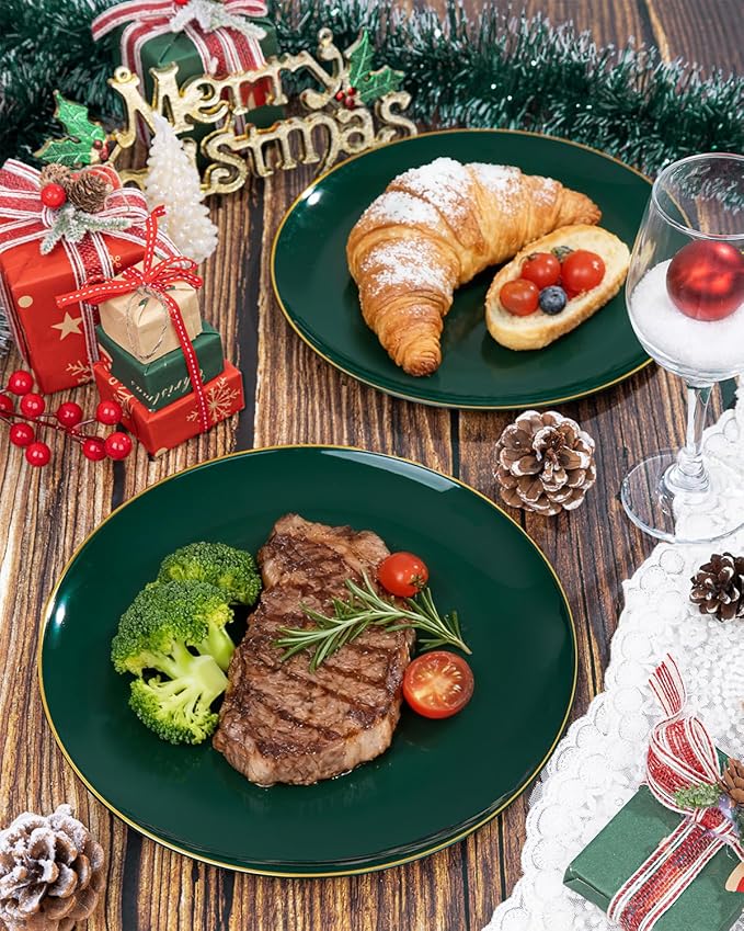 PULOTE 100PCS Green Plastic Plates - Green Disposable Plates With Gold Rim - Include 50 Pieces Dinner 10.25inch,50 Pieces Dessert 7.5inch for Party&Christmas