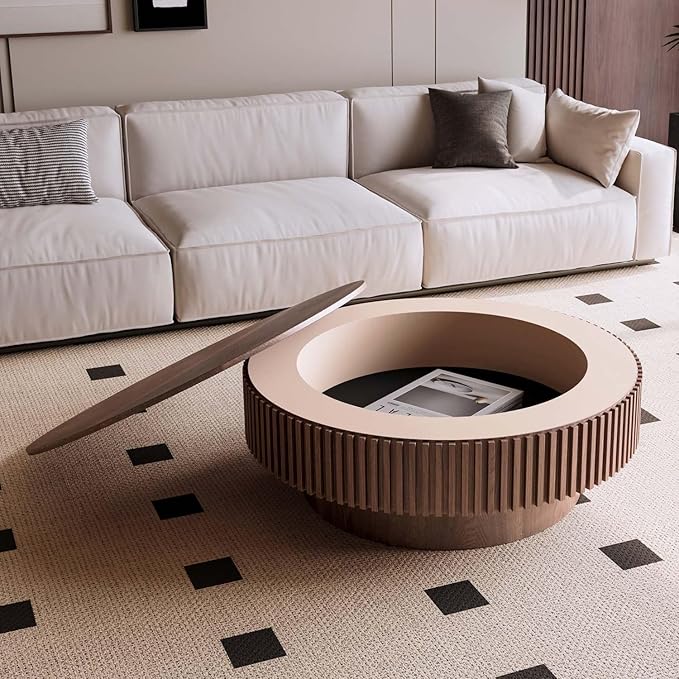 39'' Large Round Coffee Table with Storage, Fluted Coffee Table with Solid Wood Veneered, Mid Century Modern Wooden Center Table, Accent Tea Table for Living Room Apartment, Walnut