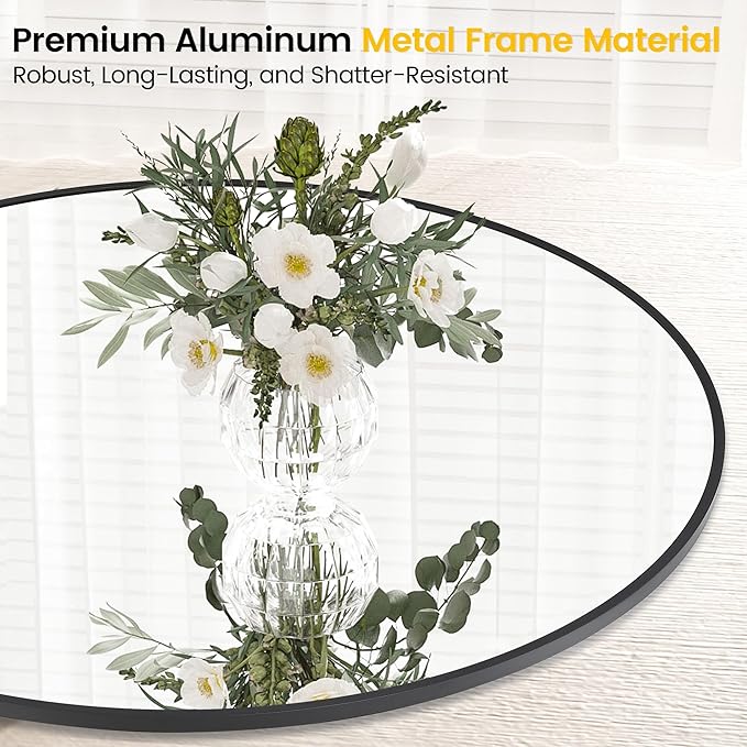 30 Inch Black Circle Wall Mirror, Modern Round Metal Framed Mirror for Bathroom, Entryway, Living Room, Bedroom, Dining Room, Hallway, Decorative Home Décor, Easy Mount