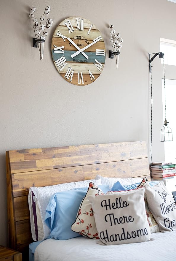 30" Wooden Multi-Color Maritime Coastal Beach Large Roman Wall Clock (Blue, 30 inch)